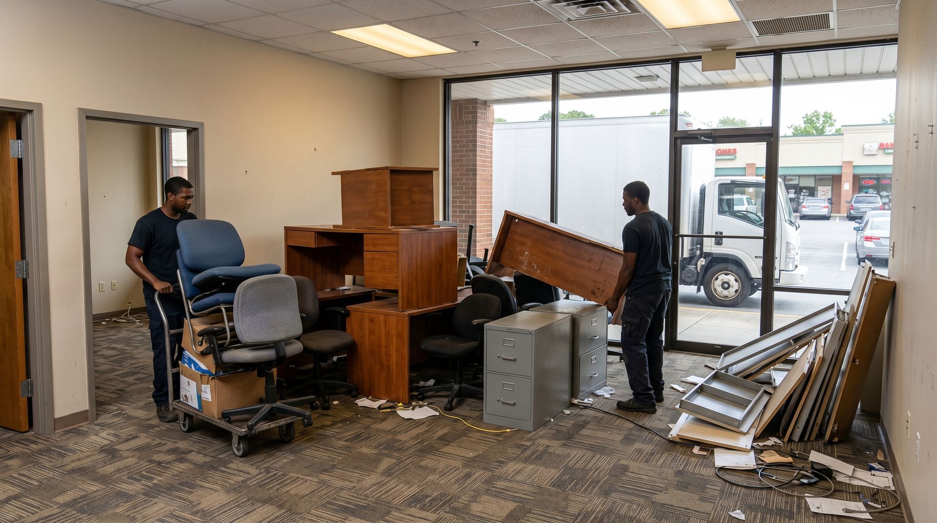 Commercial junk removal crew loading office items