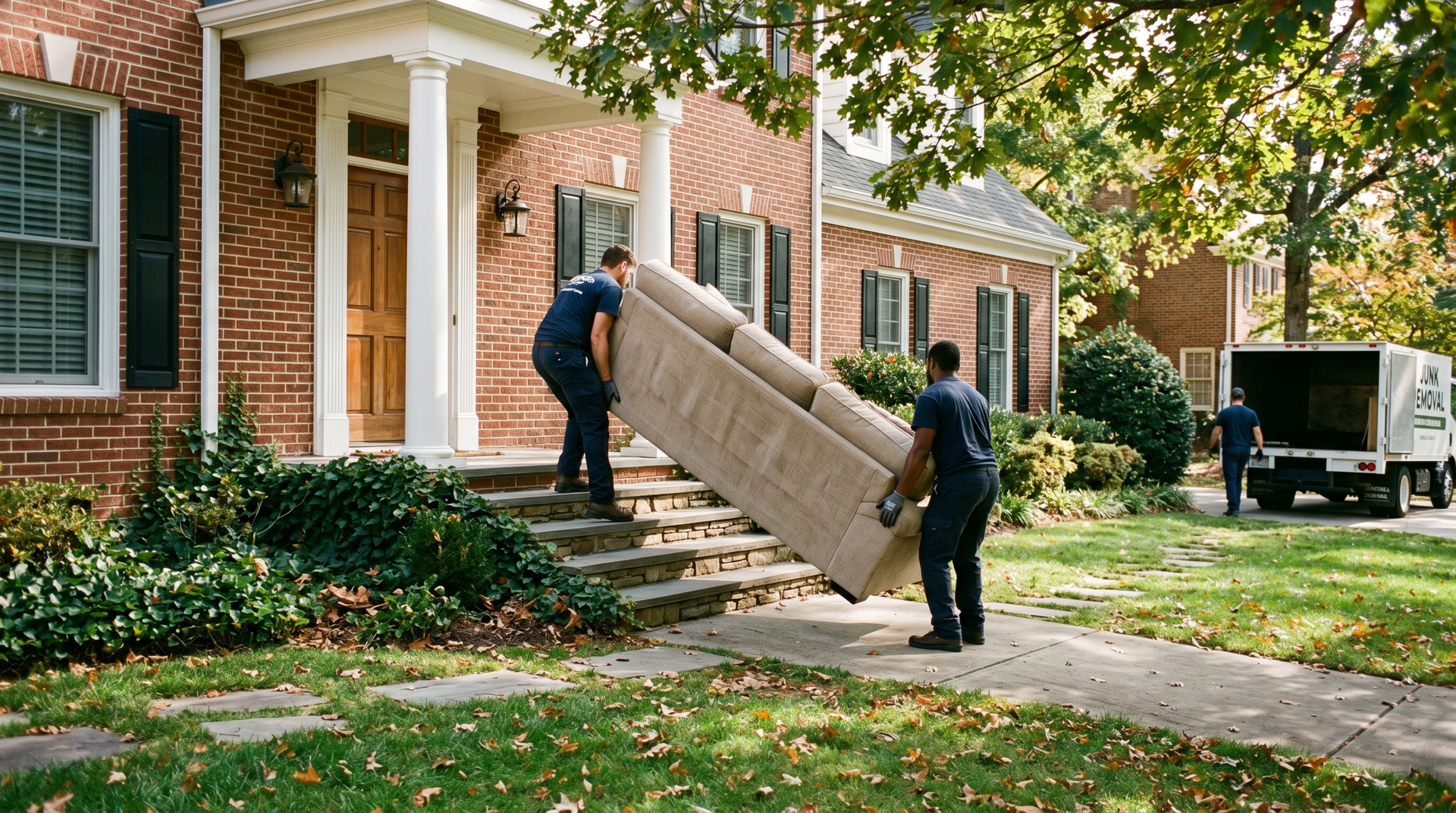Junk removal crew loading furniture into a clean truck in Raleigh NC