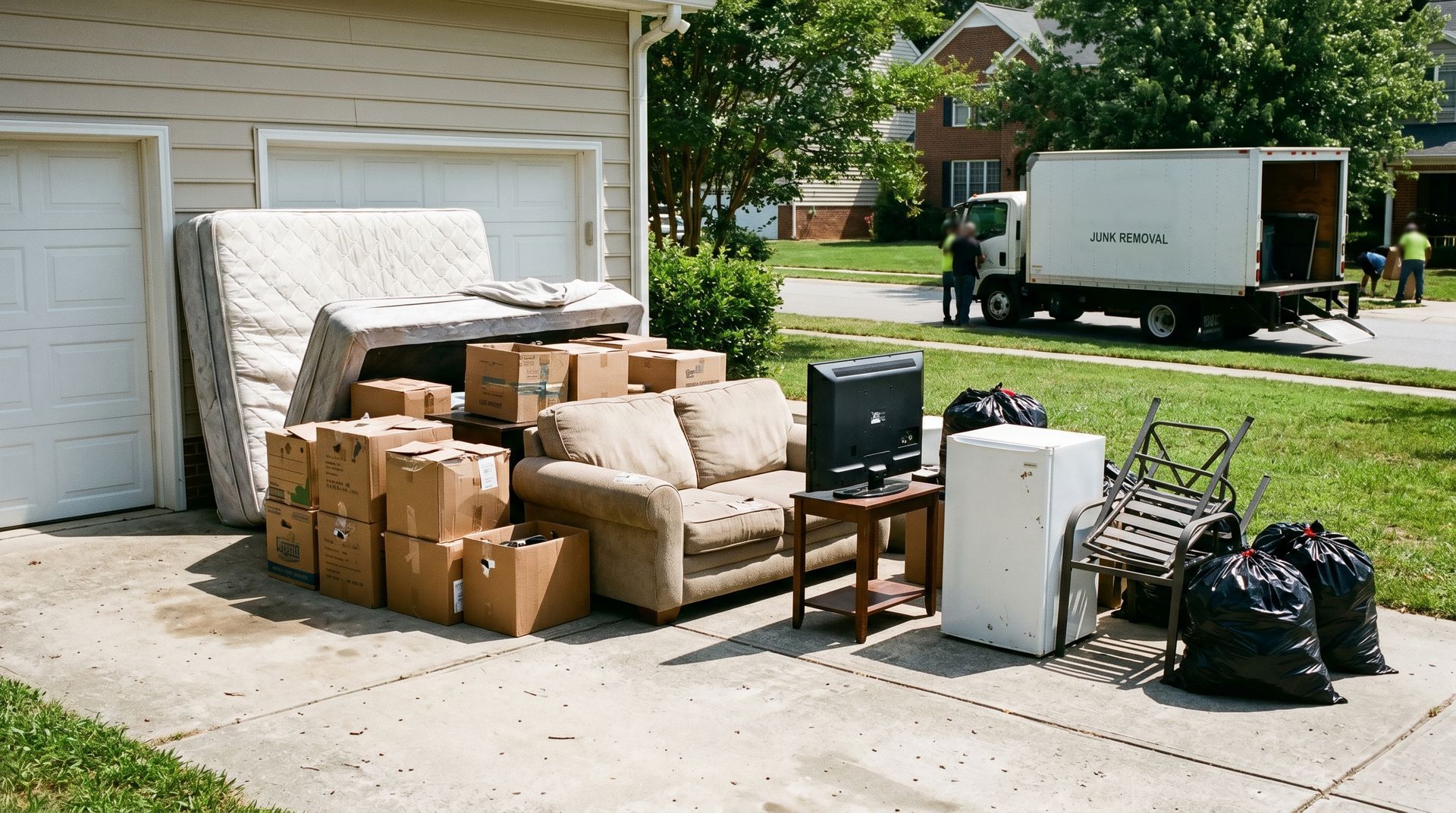 Variety of junk items ready for pickup by Hunk-a-Junk Removal crew