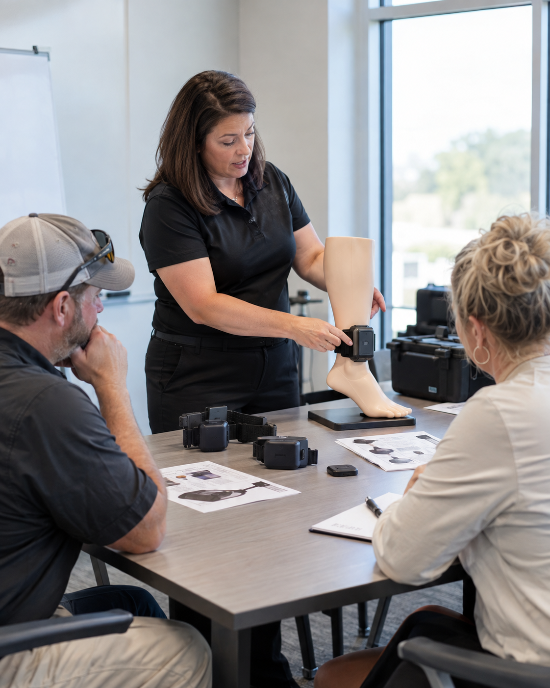 Woman demonstrating a prosthetic arm to two coworkers at a conference table in an office setting