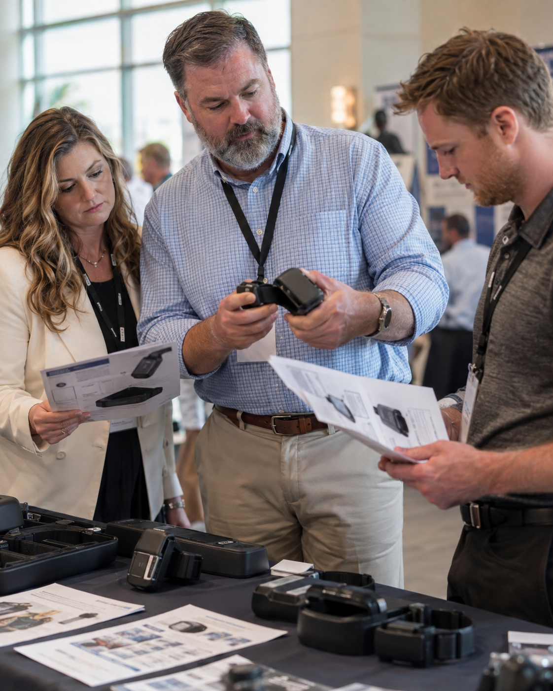 Three people reviewing camera gear at a trade show booth, with product samples on a table.