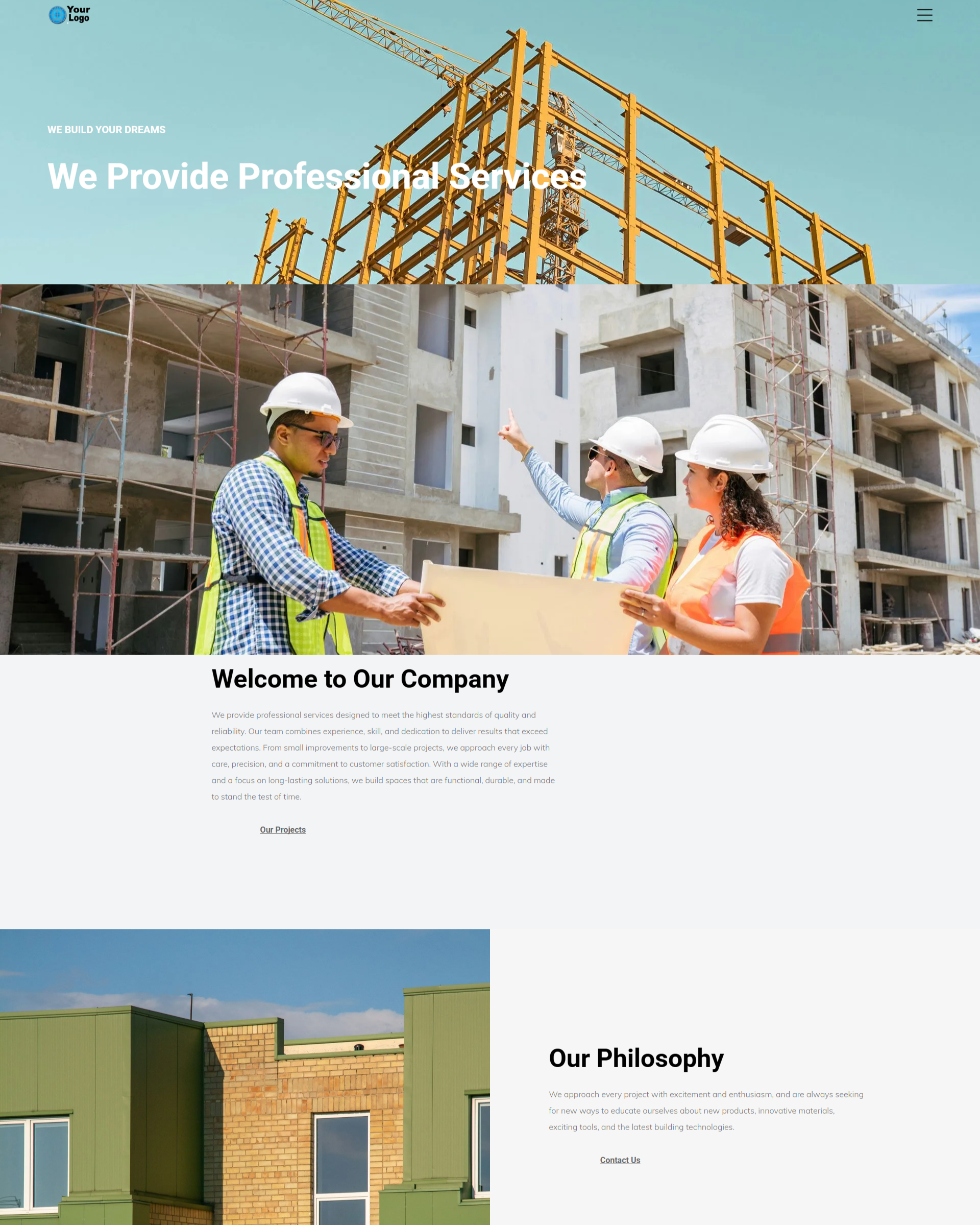 Construction workers at a building site with text overlay, 
