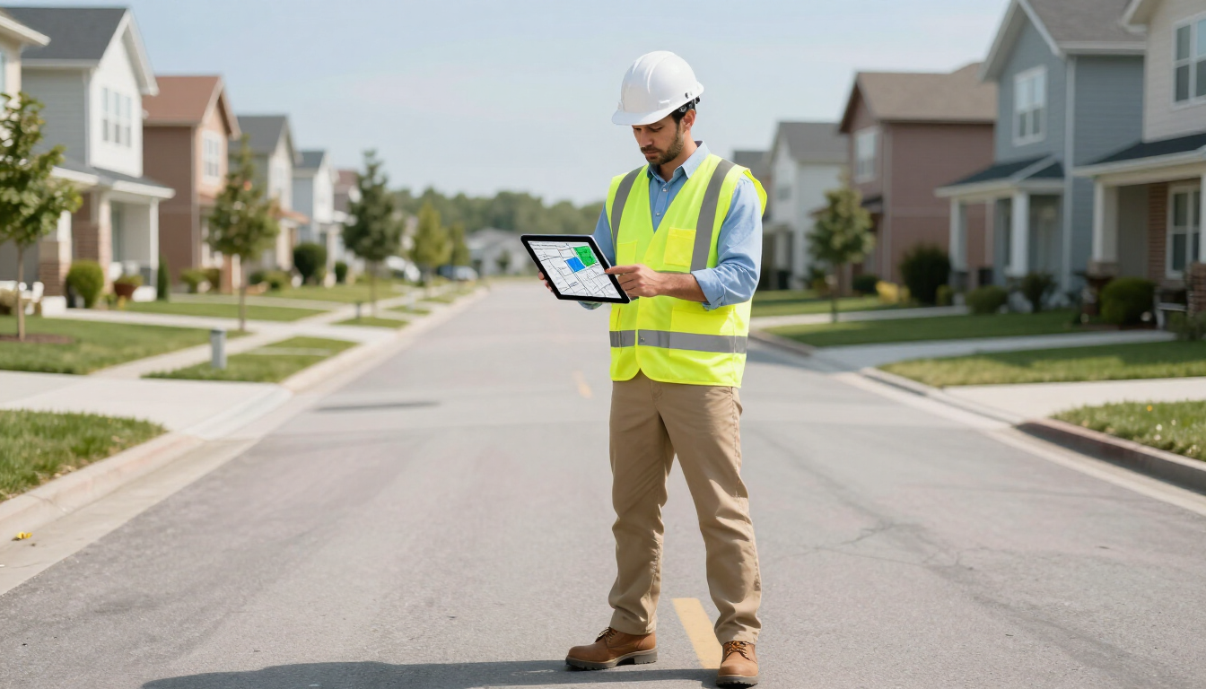 Construction worker checking a digital map on a tablet