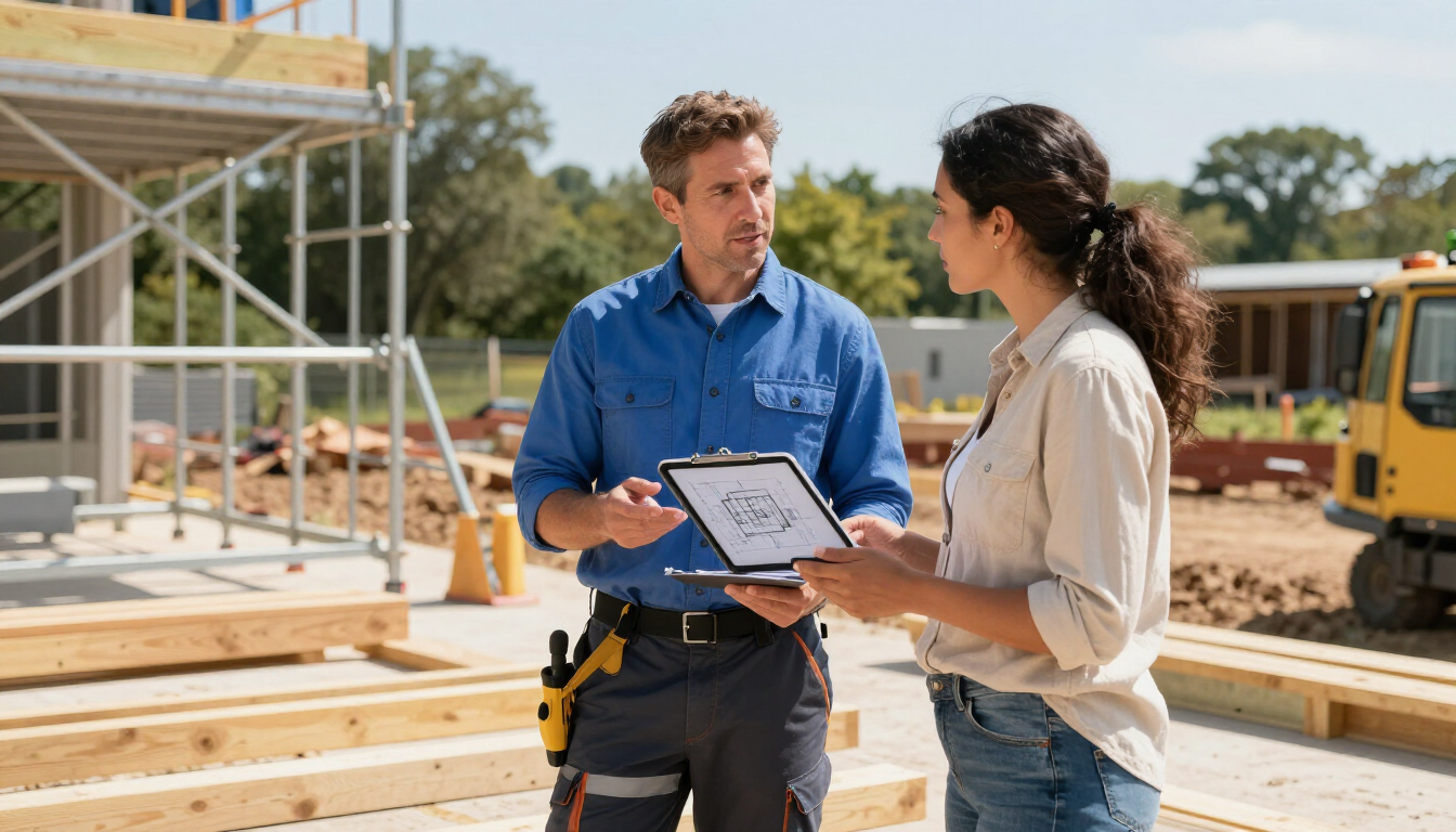 A professional contractor discussing a project with a client on a job site.