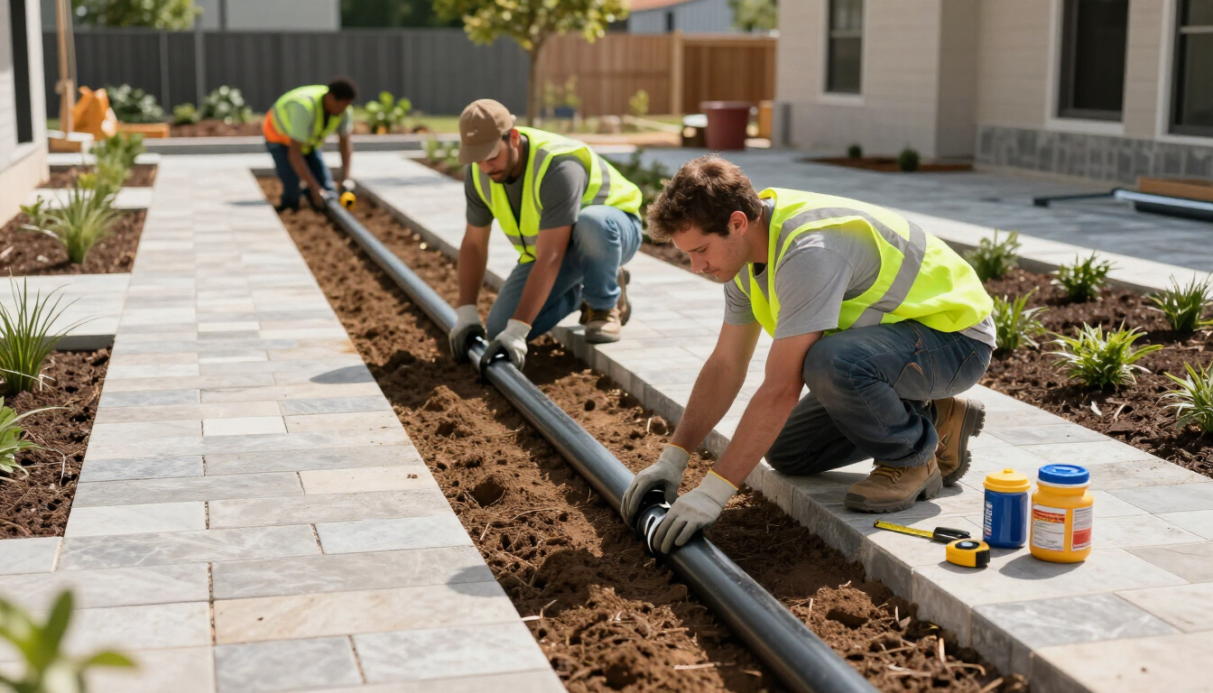 Landscaping marketing process showing a commercial crew installing irrigation pipe