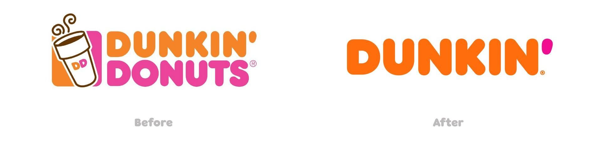 Dunkin’ Donuts logo before and after: pink/orange logo changes to orange wordmark on white background