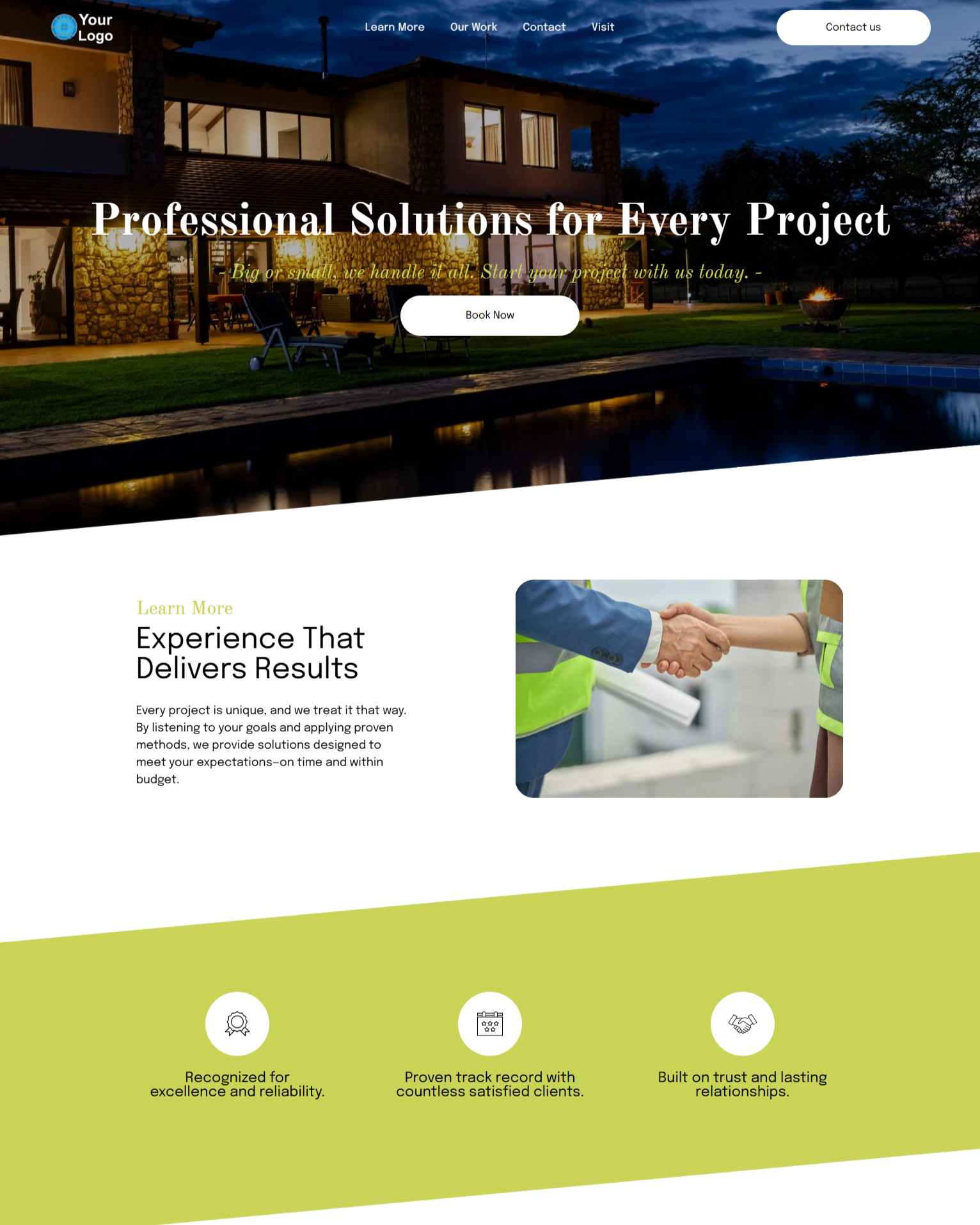Night view of a modern home with professional solutions text. Handshake between construction workers in foreground.