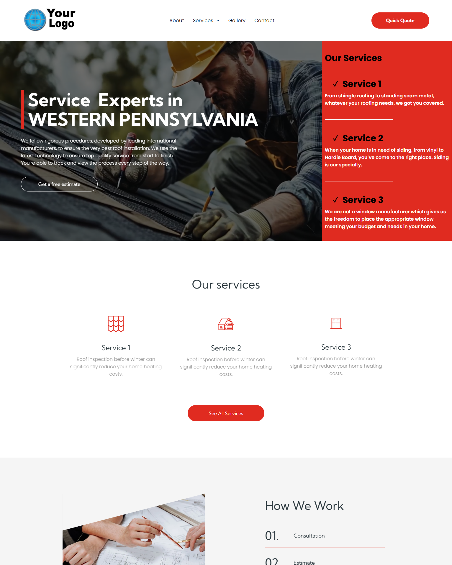 Website homepage: Construction worker on a roof, red services sidebar, white and red design.