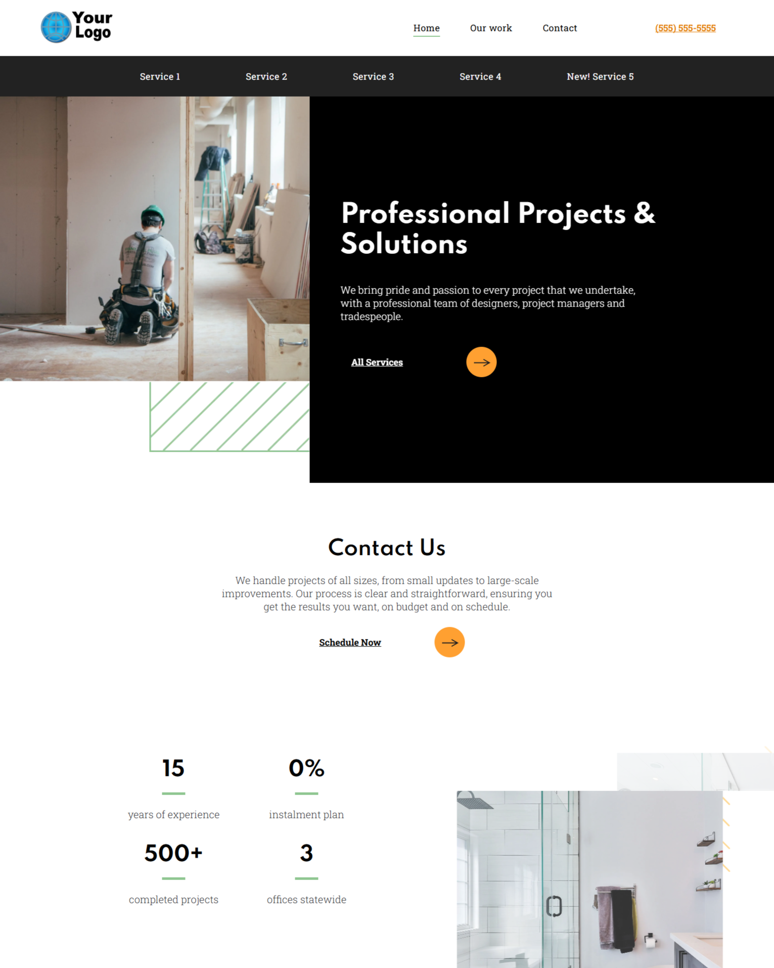 Website homepage with construction worker, black background, and