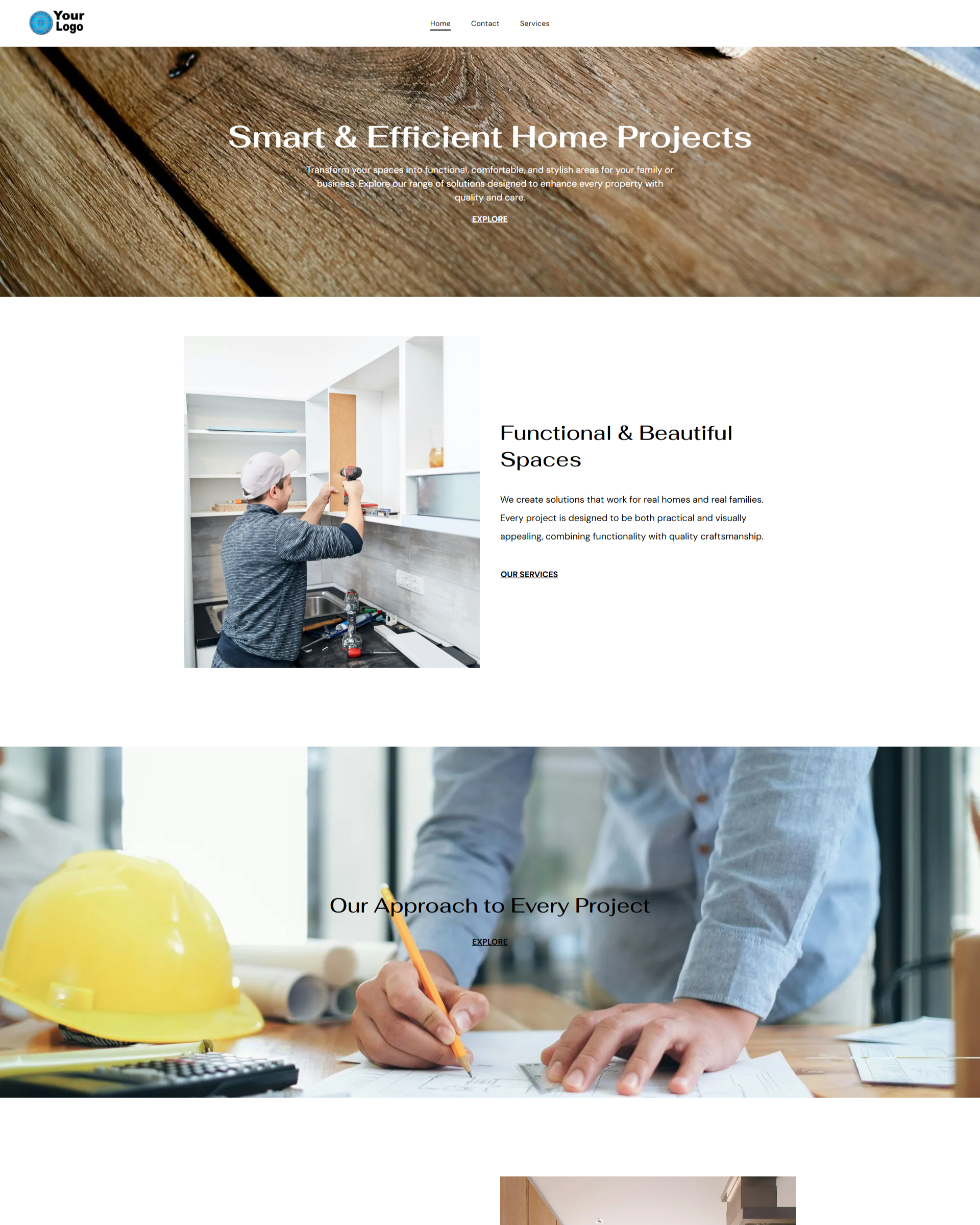 Homepage: Home projects, carpenter working on a cabinet, designer drawing plans.