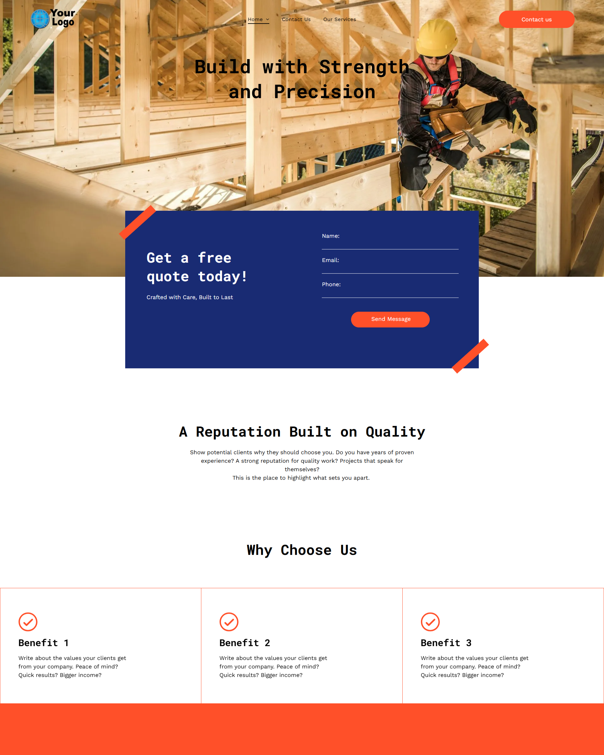 Website homepage with a construction worker, quote form, and sections highlighting company features.