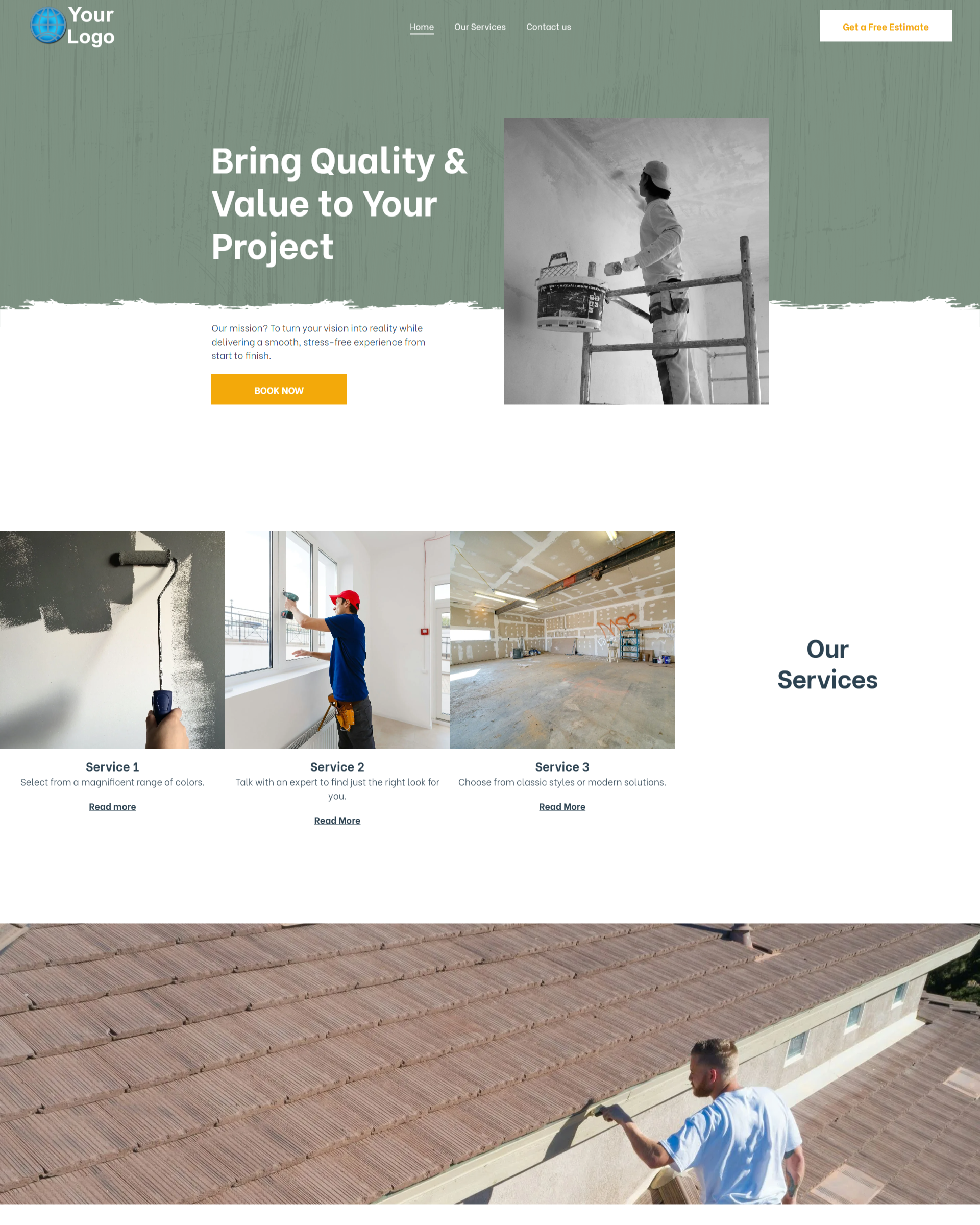 Homepage for a construction company, featuring workers, projects, and services.