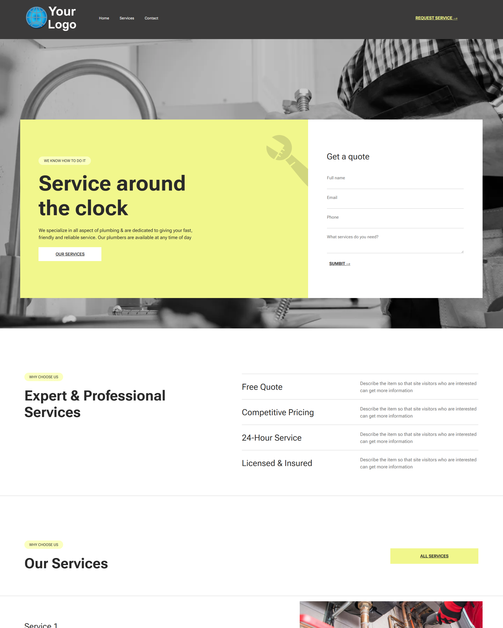 Website homepage for plumbing services; yellow banner 