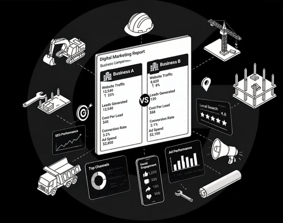 Digital marketing report with charts and graphs showing data analysis.