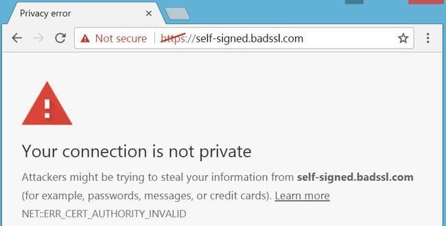 Chrome privacy error page with red warning icon and “Your connection is not private” message