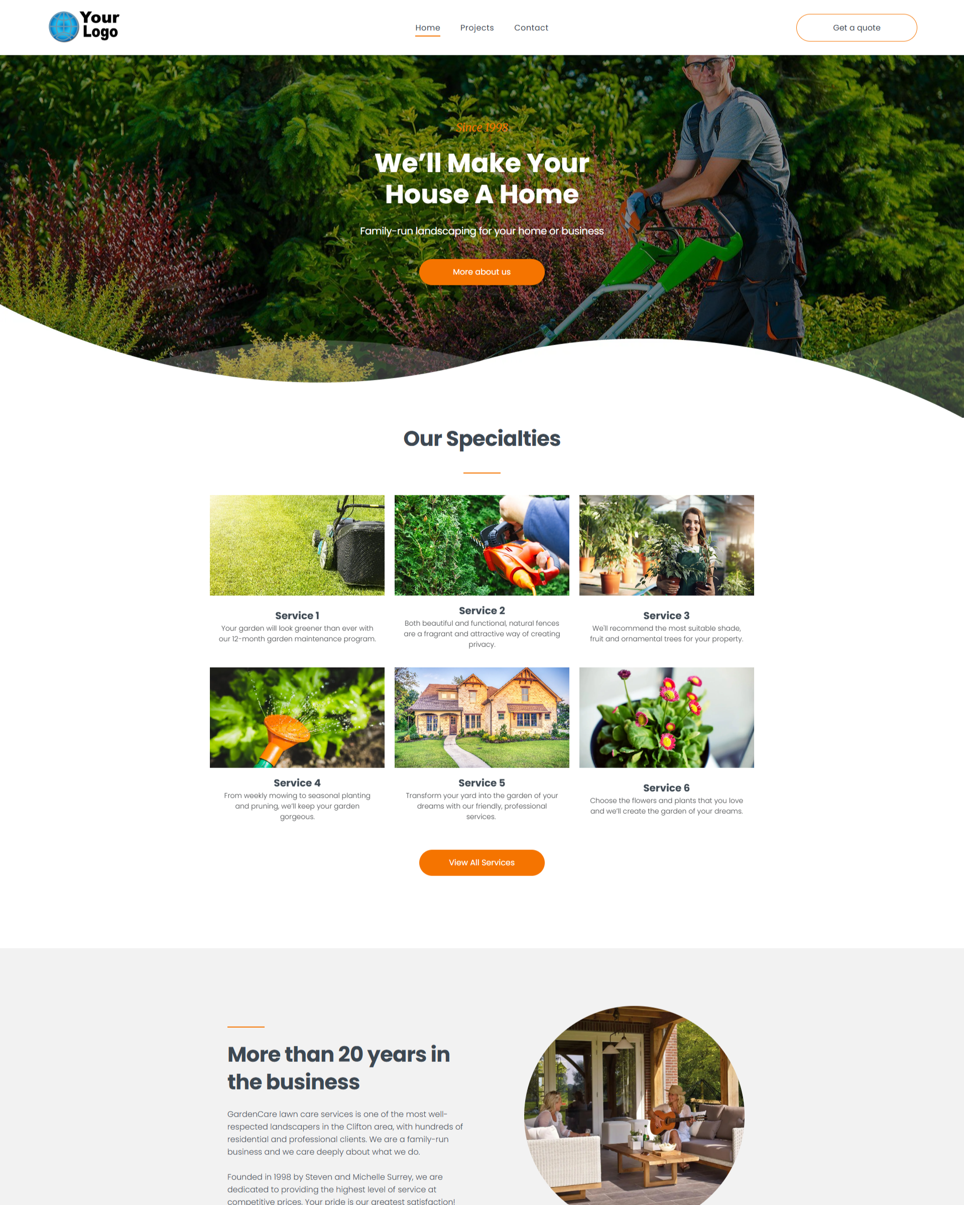 Webpage promoting landscaping services, featuring a gardener mowing grass.