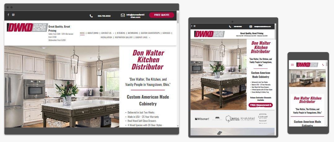 Website mockup shown on desktop, tablet, and phone, featuring a modern kitchen interior and pink promo text