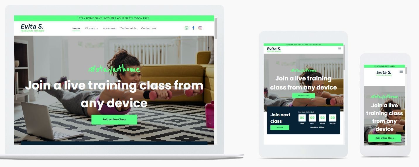 Responsive website mockup on laptop, tablet, and phone with “Join a live training class from any device” banner