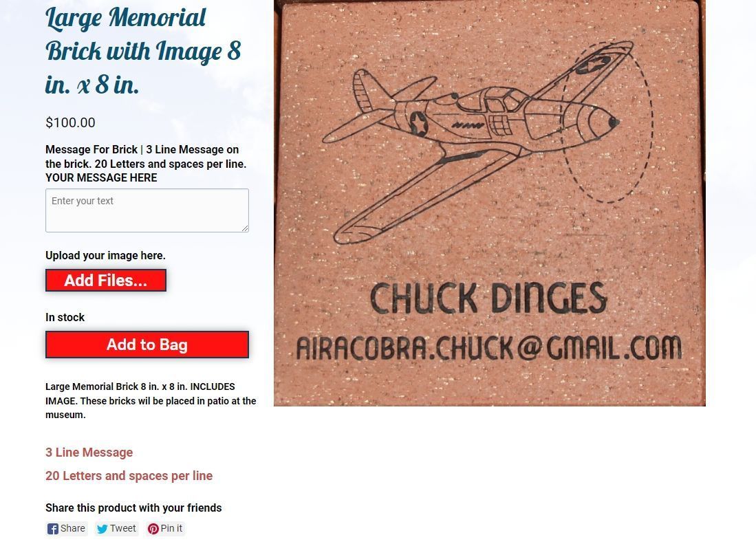 Product page for a turquoise birch wall art sign and a brown airplane engraving labeled “Chuck Dings.”