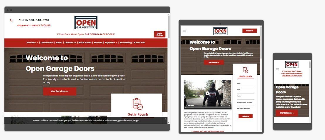 Responsive website mockup for Open Garage Doors on desktop, tablet, and phone screens