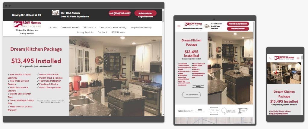 Responsive website mockup shown on desktop, tablet, and phone with a living room furniture sale
