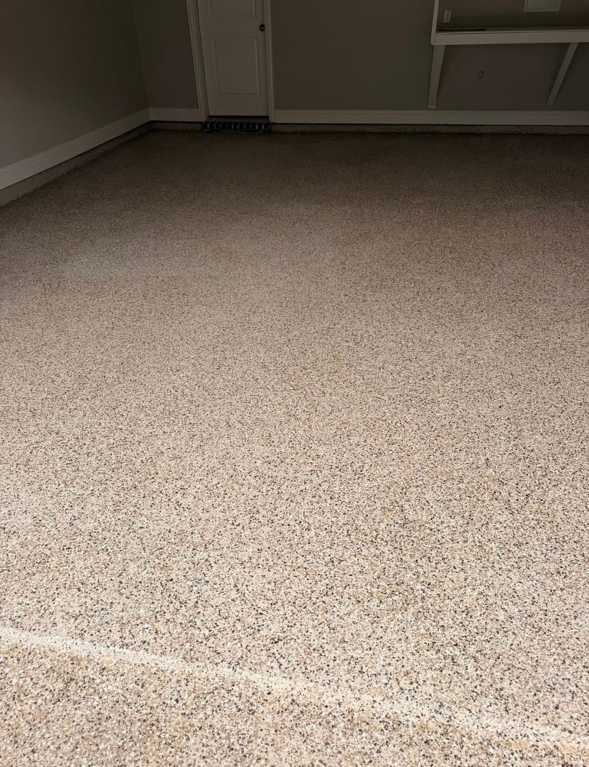 Empty beige carpeted room with a closet or shelving unit along the wall.