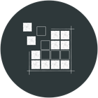 A black and white icon of squares in a circle