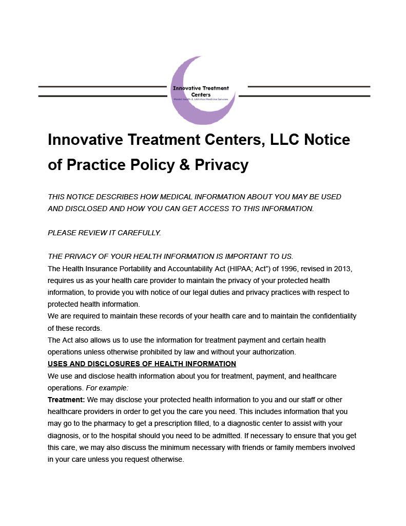 Notice page titled “Innovative Treatment Centers, LLC Notice of Practice Policy & Privacy” with purple logo