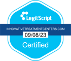 LegitScript certified blue badge with Innovativetreatmentcenters.com and date 09/08/23