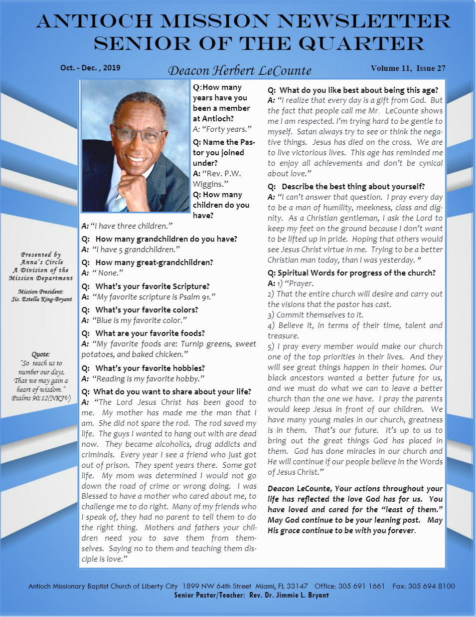 An antioch mission newsletter for the senior of the quarter