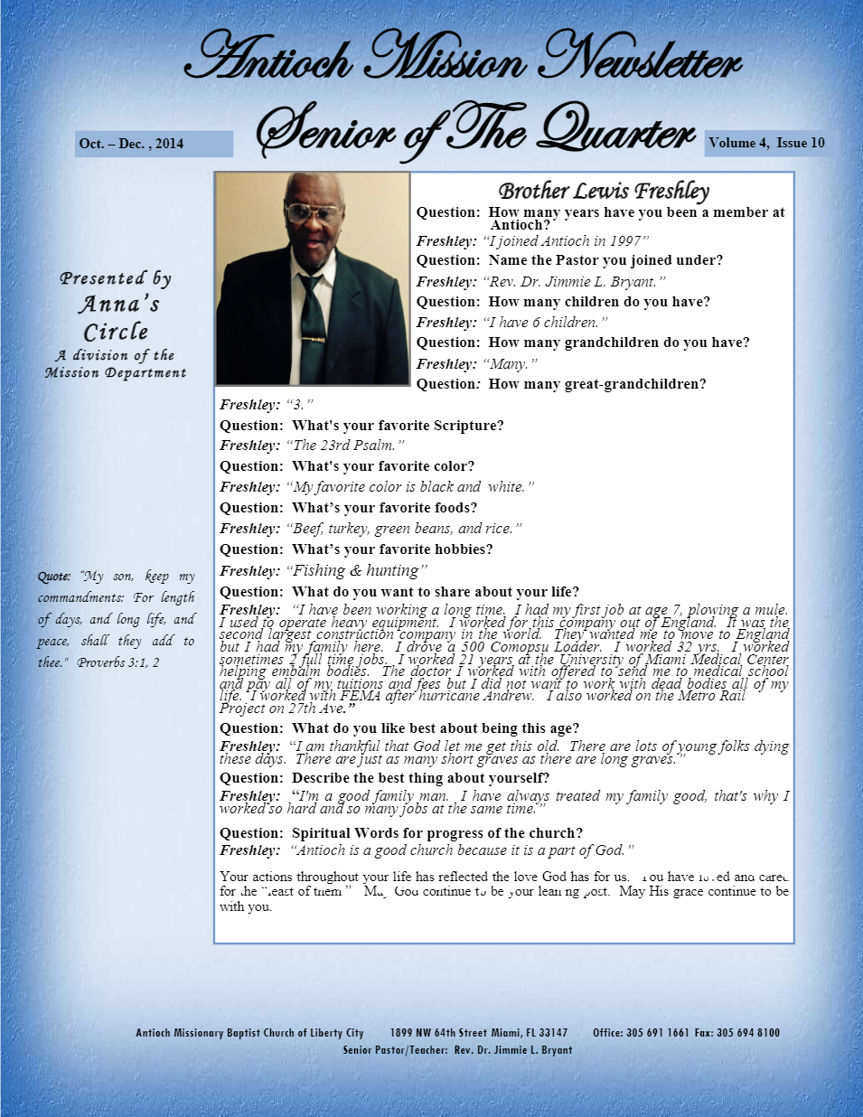 A blue newsletter with a picture of a man in a suit and tie