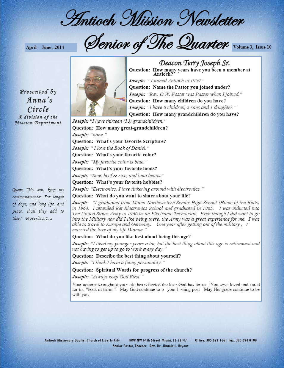 A blue newsletter with a picture of a man on it