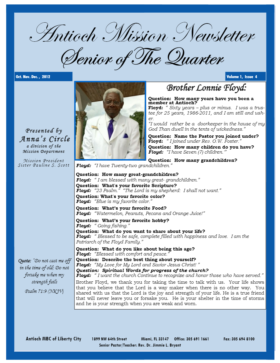 A blue and white newsletter with a picture of a man on it