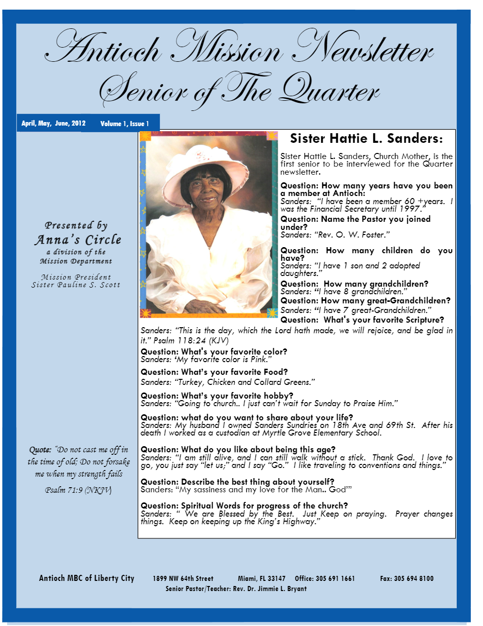 A blue and white newsletter with a picture of a woman in a hat