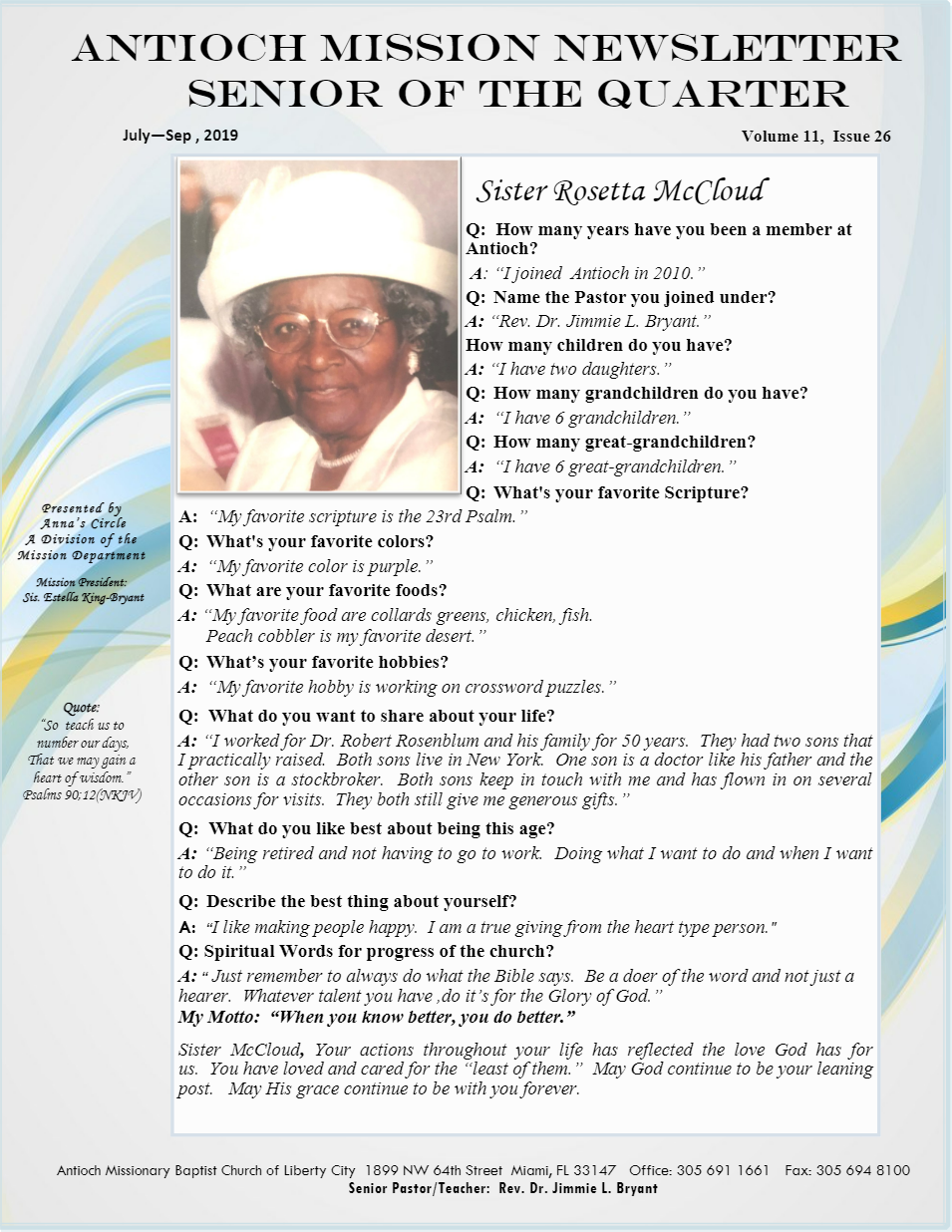 A picture of a woman in a white hat and glasses is on a page of a newsletter.