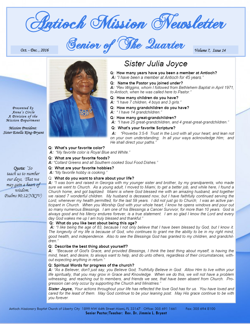 A blue and white newsletter with a picture of a woman on it.