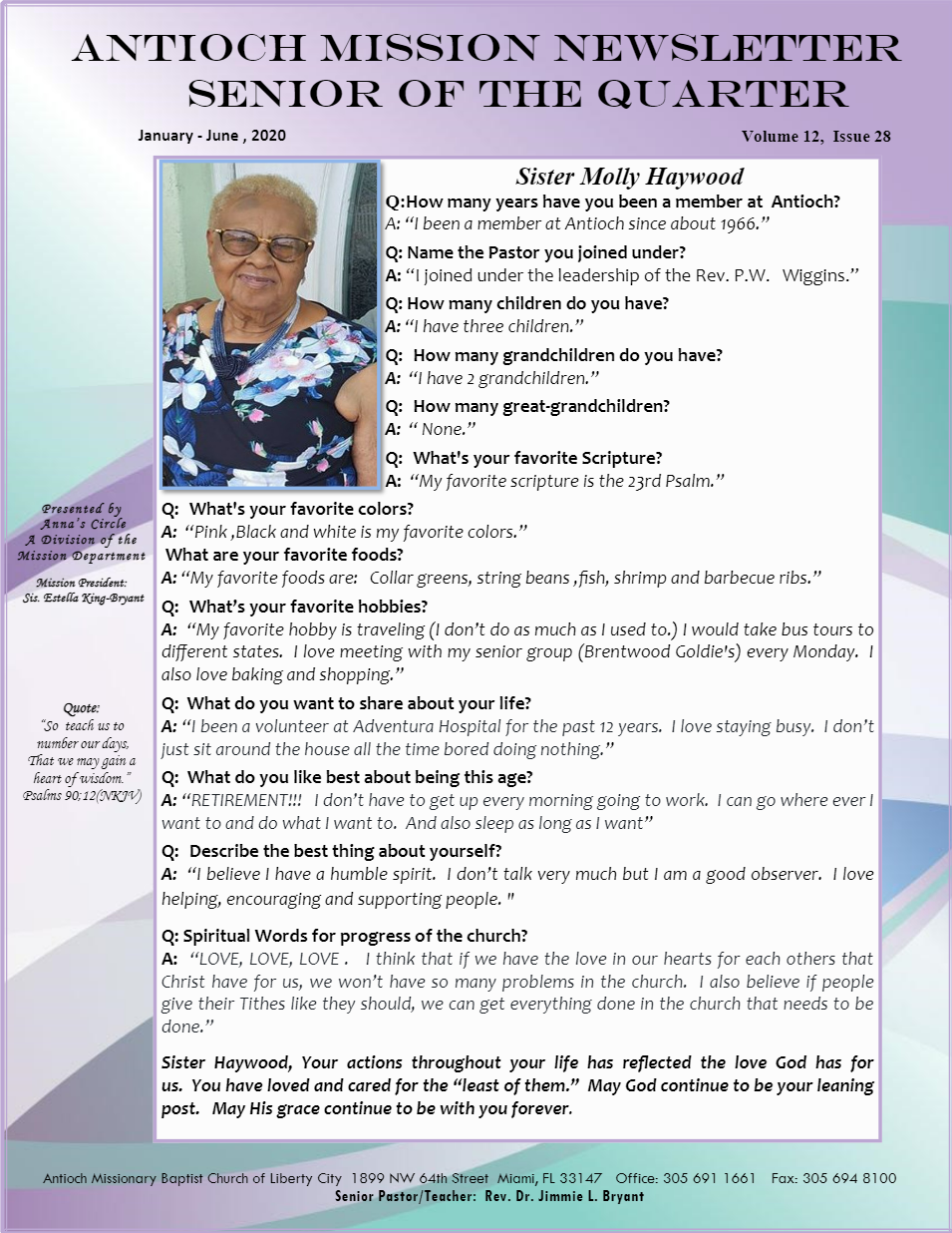 An older woman is on the cover of an antioch mission newsletter.