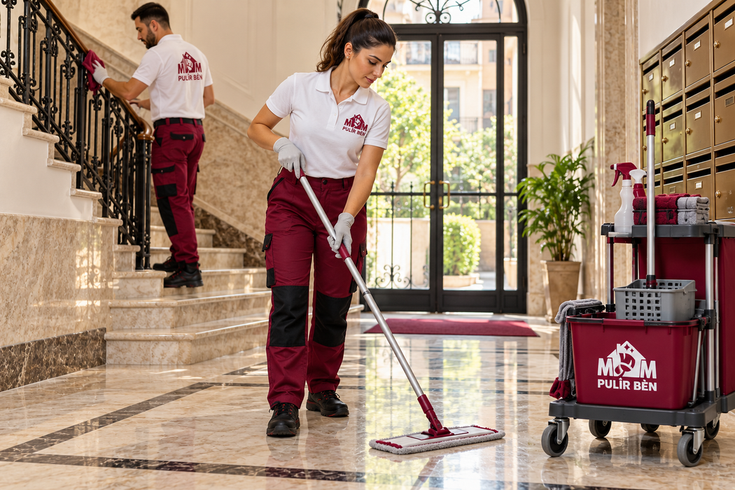 Due addetti alle pulizie con camicie bianche e pantaloni bordeaux lavano il pavimento lucido di un atrio vicino a una scala e a un carrello per le pulizie.