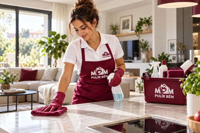 Persona delle pulizie che passa un panno rosa sul piano della cucina in una casa moderna e luminosa