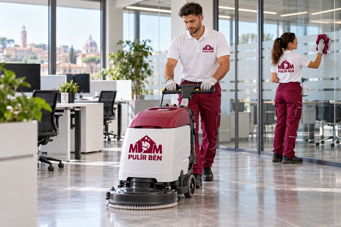 Un addetto pulisce il pavimento di un ufficio con una lavasciuga pavimenti bianca e rossa in un moderno spazio di lavoro