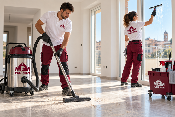 Due addetti alle pulizie passano l’aspirapolvere su un pavimento di marmo lucido in una stanza illuminata dal sole