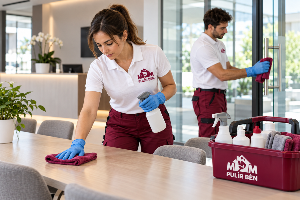 Due addetti alle pulizie con polo bianche e pantaloni bordeaux puliscono i tavoli in una luminosa sala riunioni di un ufficio