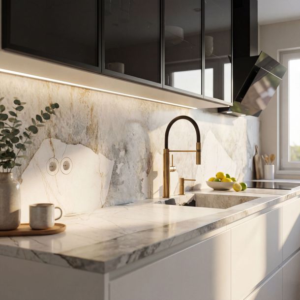 Modern minimalist kitchen with marble countertop, black cabinets, and a sink by a bright window