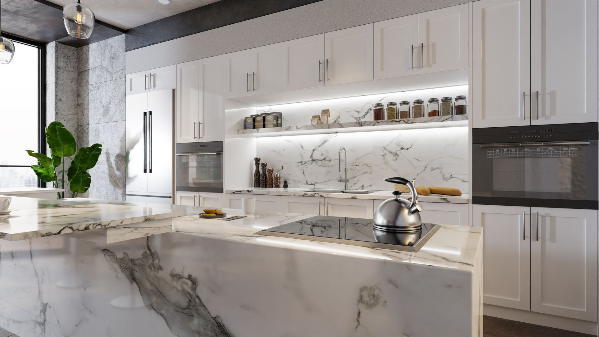 Modern office lobby with marble reception desk, wood flooring, lounge seating, and vertical green wall Bright modern white kitchen with marble island, built-in ovens, and decorative shelves
