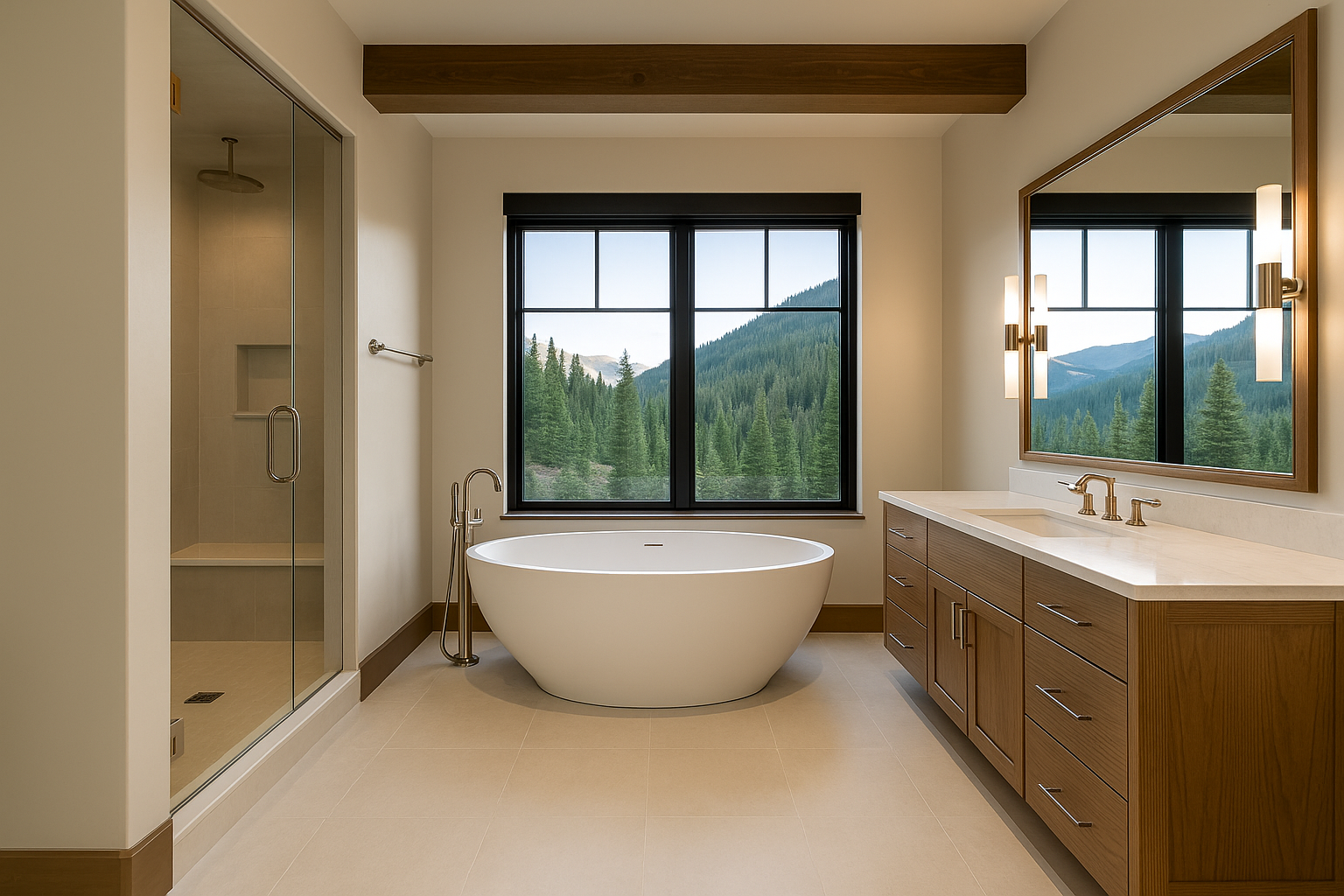 Bathroom with a freestanding tub, large window overlooking mountains, wooden vanity, and glass shower.