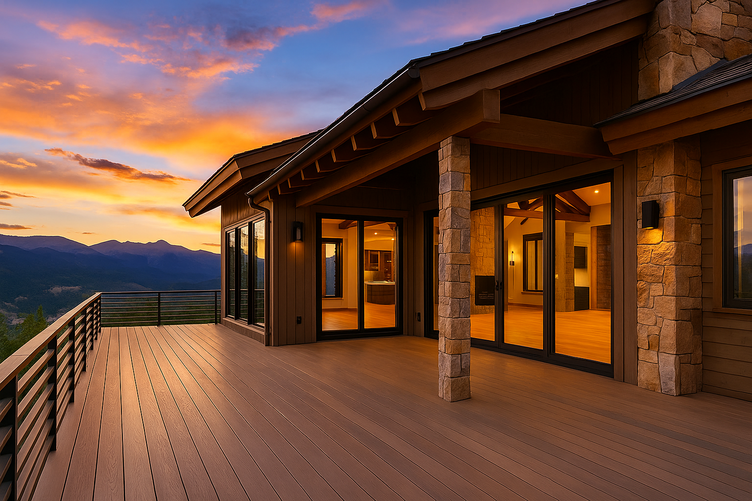 Wooden deck and lit mountain lodge at sunset with warm glowing windows and a colorful sky