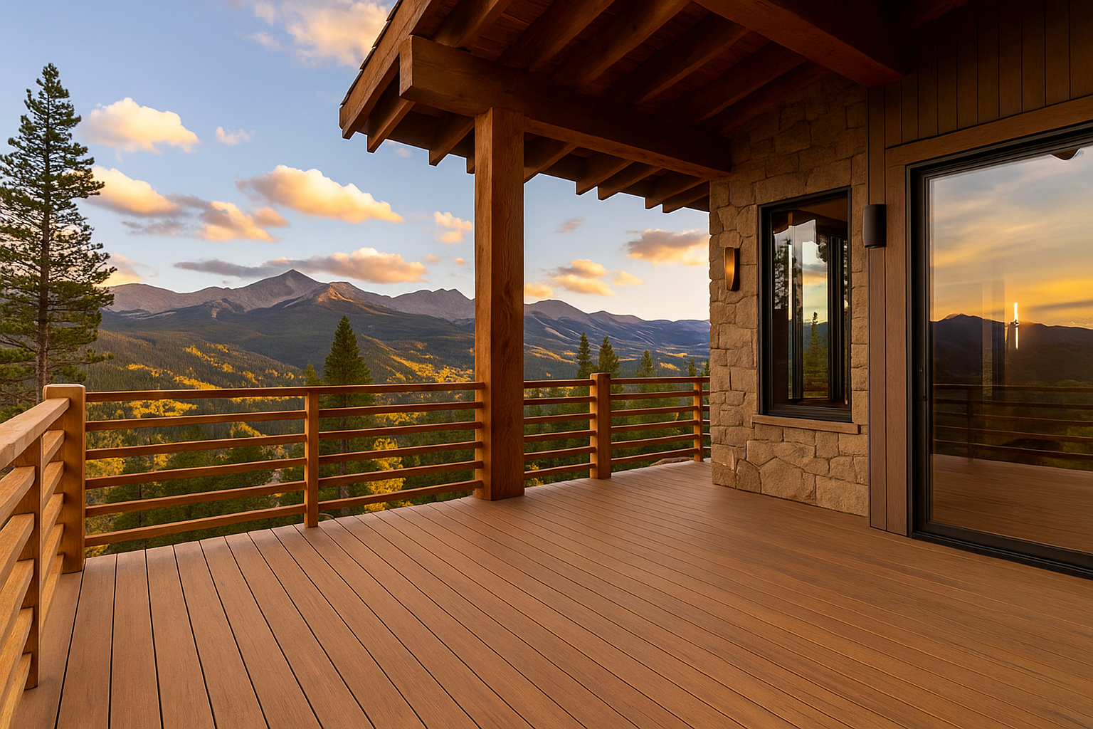 Wooden mountain cabin deck at sunset with railings and distant peaks