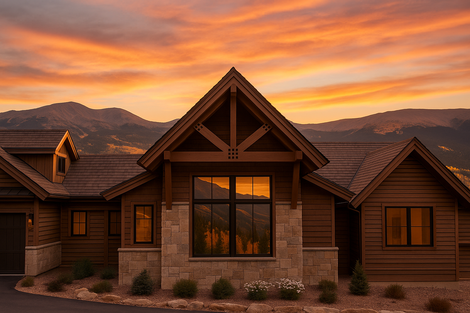 Brown wooden house with stone accents, framed by mountains at sunset; orange sky.