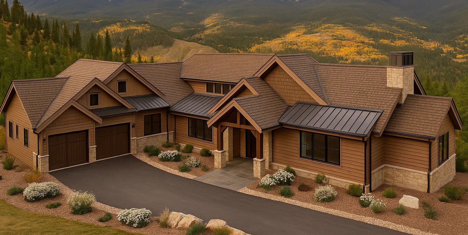 Large brown house with a black driveway and surrounded by greenery, set against a mountain backdrop.