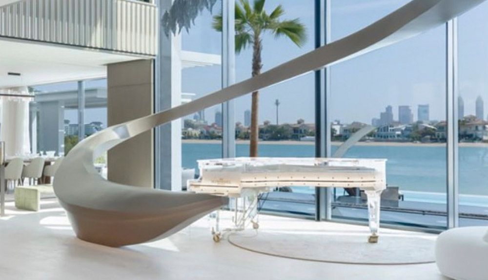 Schimmel glass grand piano lobby